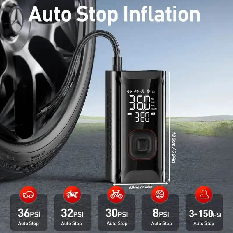 Tire Inflator Portable Air Compressor – Cordless 150PSI Pump with 10000mAh Battery for Car, Bike, Motorcycle, and Ball DailySale