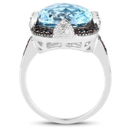8.29 Carat Genuine Swiss Blue Topaz, Black Diamond & White Diamond .925 Sterling Silver Ring Bids.com