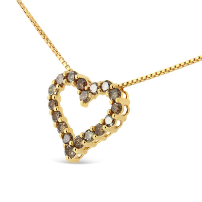 14K Yellow Gold Plated .925 Sterling Silver 1.0 Cttw Champagne Diamond Heart Pendant Necklace (K-L Color, I1-I2 Clarity) - 18" Bids.com