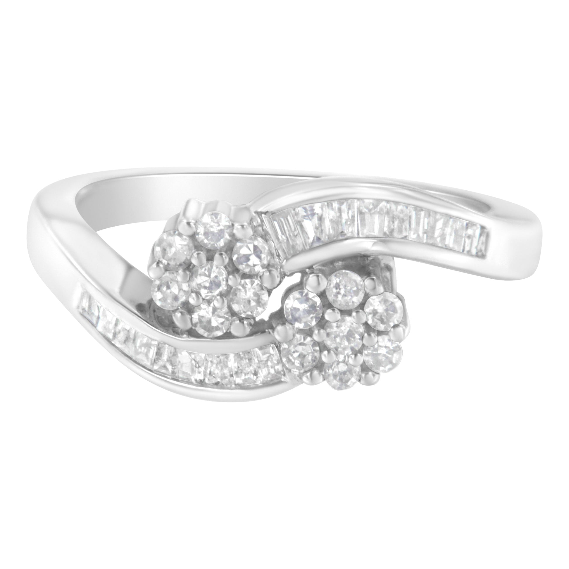 14K White Gold Round and Baguette Diamond Bypass Ring (1/2 cttw, H-I Color, I1-I2 Clarity) - Ring Size 6 Bids.com