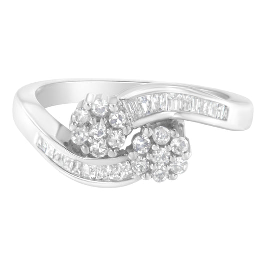 14K White Gold Round and Baguette Diamond Bypass Ring (1/2 cttw, H-I Color, I1-I2 Clarity) - Ring Size 6 Bids.com