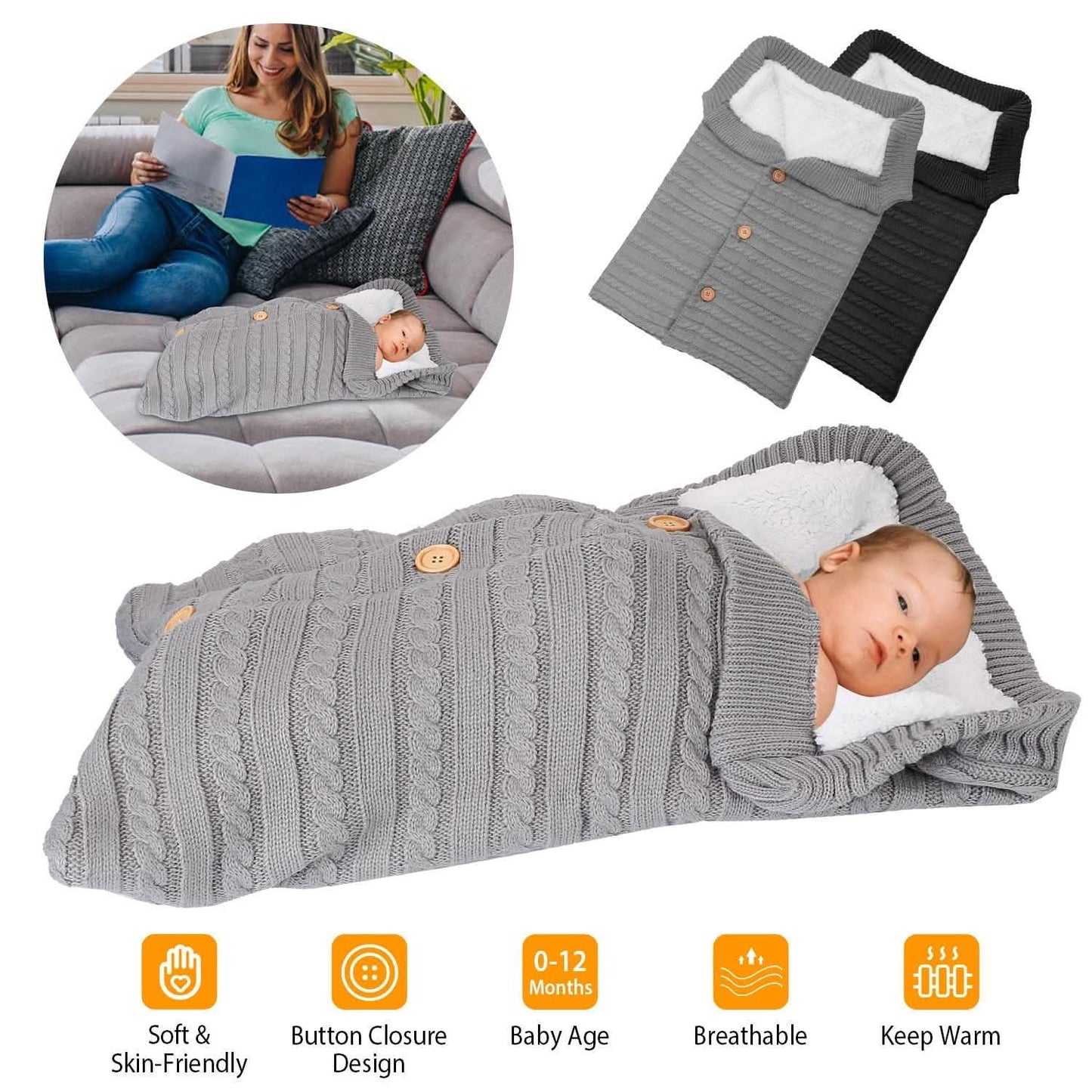 Baby Knit Swaddle Blanket Wrap with Buttons DailySale