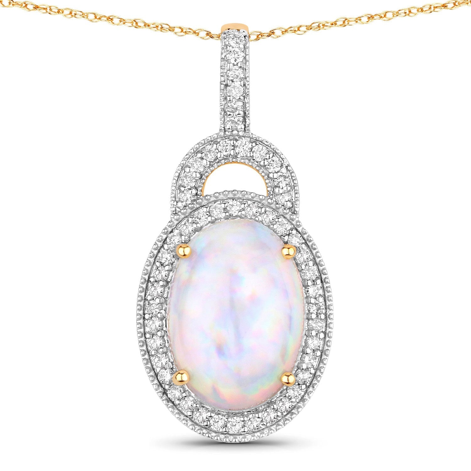 3.30 Carat Genuine Ethiopian Opal and White Diamond 14K Yellow Gold Pendant Bids.com