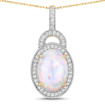 3.30 Carat Genuine Ethiopian Opal and White Diamond 14K Yellow Gold Pendant Bids.com