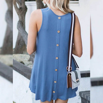 Back Round Neck Single-Breasted Sleeveless Solid Color Dress DailySale