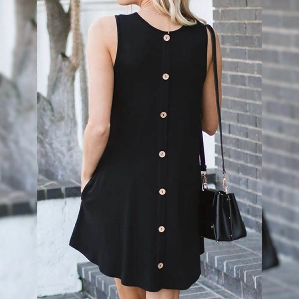 Back Round Neck Single-Breasted Sleeveless Solid Color Dress DailySale