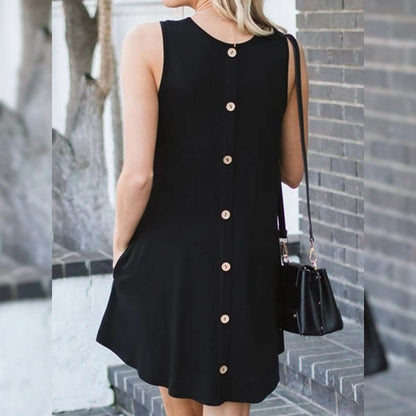 Back Round Neck Single-Breasted Sleeveless Solid Color Dress DailySale