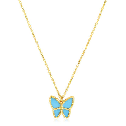 14k Yellow Gold High Polish Butterfly Turquoise Paste Necklace Bids.com