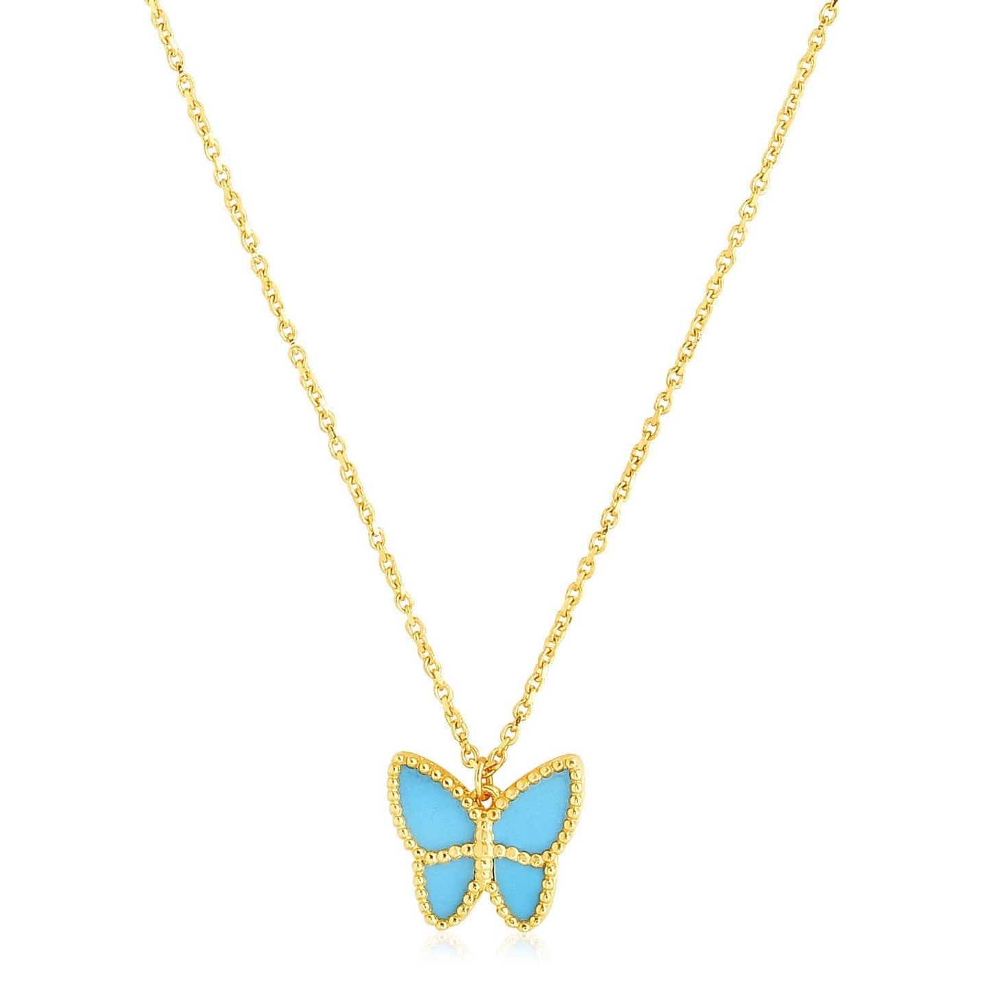 14k Yellow Gold High Polish Butterfly Turquoise Paste Necklace Bids.com