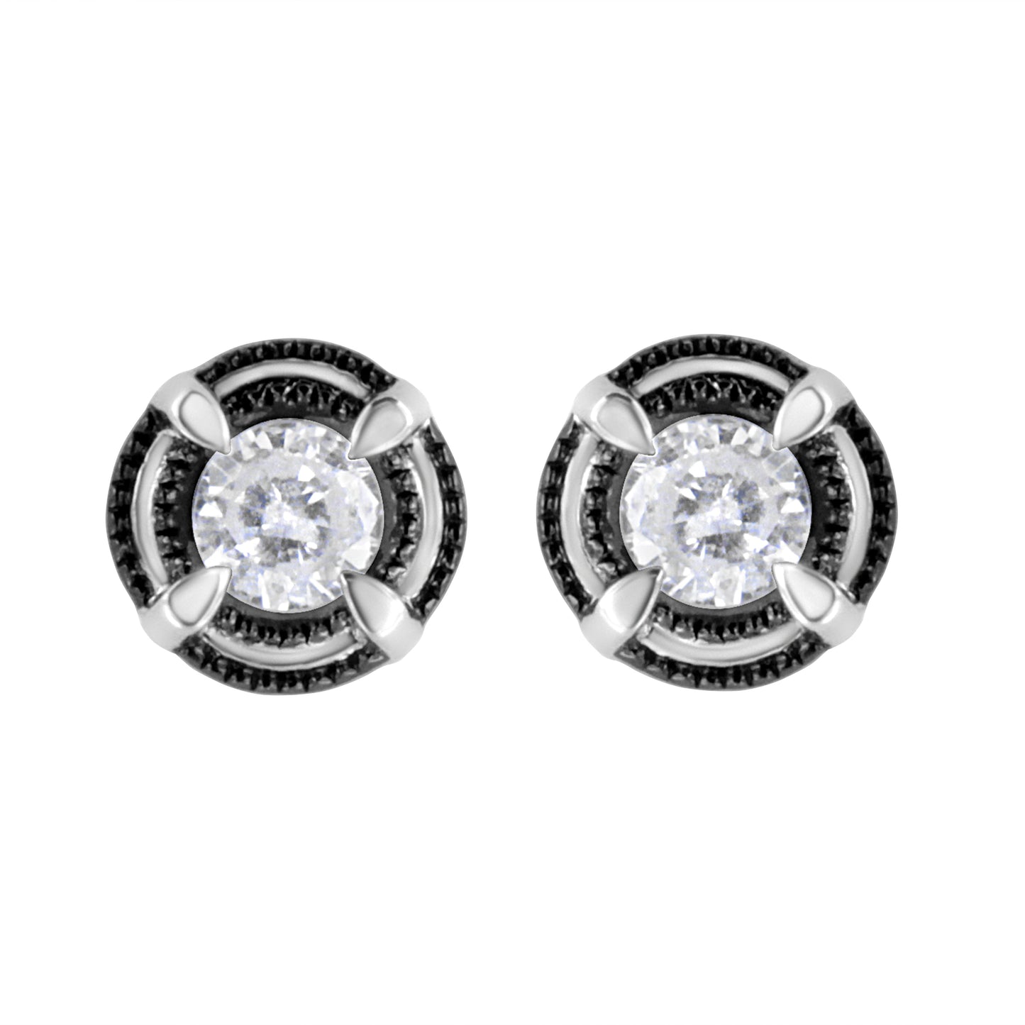 Black Rhodium Plated .925 Sterling Silver Round 1-1/2 cttw Diamond Double Halo 4-Prong Solitaire Milgrain Stud Earrings (H-I Color, I2-I3 Clarity) Bids.com