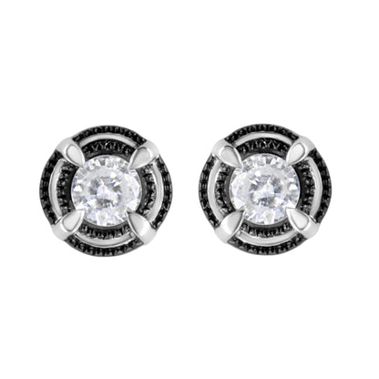 Black Rhodium Plated .925 Sterling Silver Round 1-1/2 cttw Diamond Double Halo 4-Prong Solitaire Milgrain Stud Earrings (H-I Color, I2-I3 Clarity) Bids.com