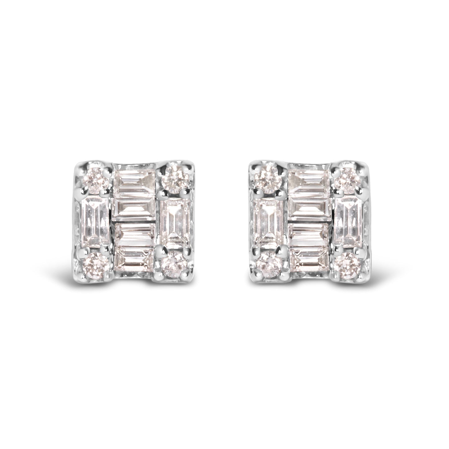 10K White Gold 1/7 Cttw Round and Baguette Diamond Mosaic Square Stud Earrings (H-I Color, I1-I2 Clarity) Bids.com