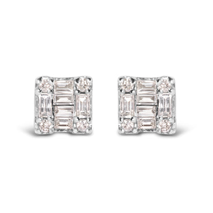 10K White Gold 1/7 Cttw Round and Baguette Diamond Mosaic Square Stud Earrings (H-I Color, I1-I2 Clarity) Bids.com