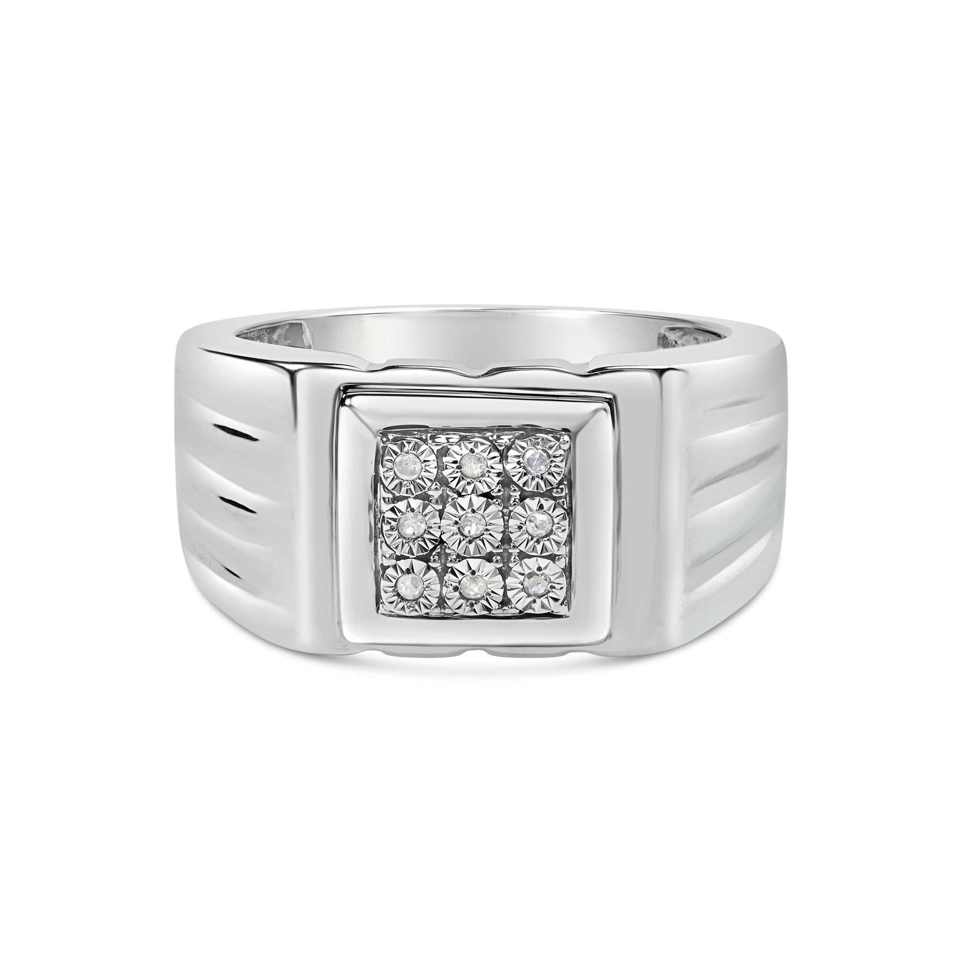.925 Sterling Silver Diamond Accent Miracle-Set 9 Stone Ridged Band Gentlemen's Fashion Ring (I-J Color, I3 Clarity) - Size 10 Bids.com