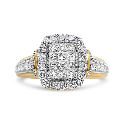 14K Yellow and White Gold 1.00 Cttw Princess and Round Cut Emerald Shaped Halo Diamond Cluster Ring (SI1-SI2 Clarity, H-I Color) - Size 7 Bids.com