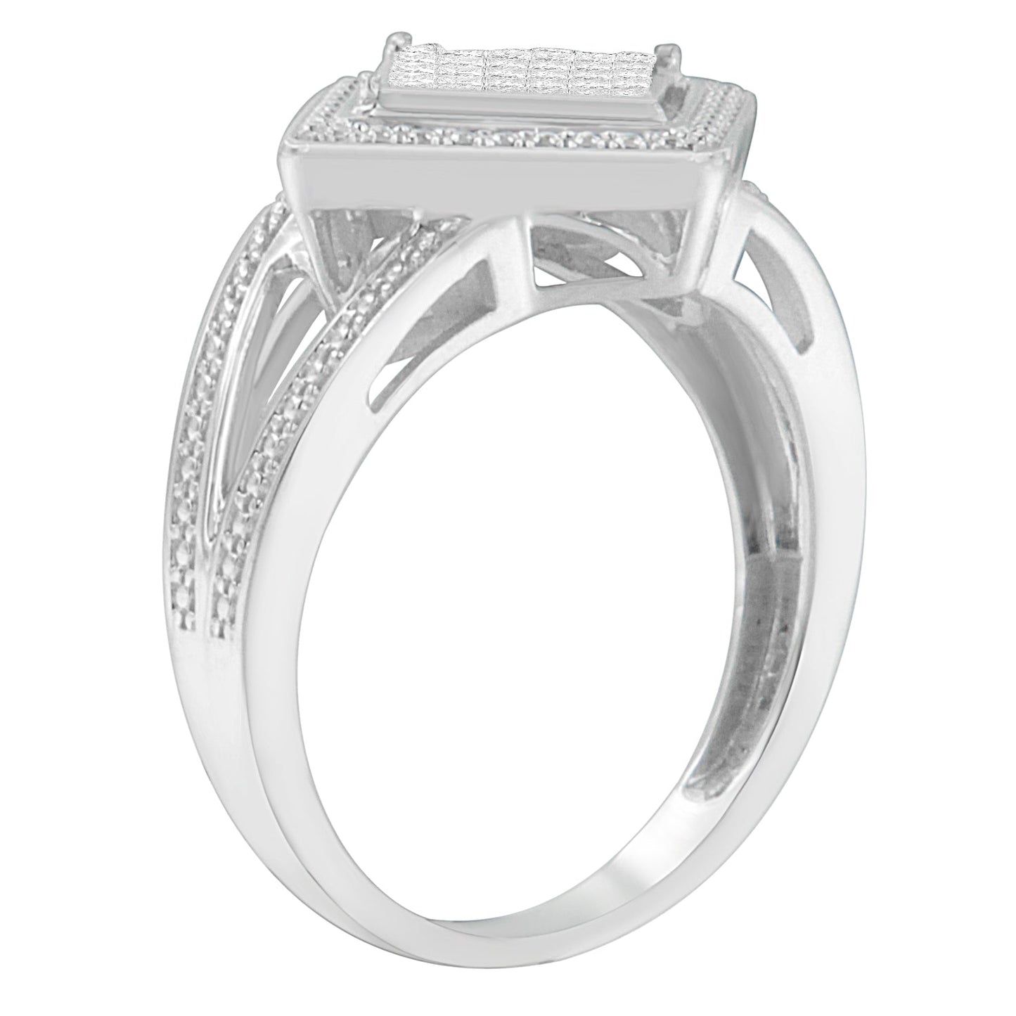 .925 Sterling Silver 1/3 Cttw Invisible Set Princess-Cut Diamond Rhombus and Beaded Halo Ring (H-I Color, SI1-SI2 Clarity) - Ring Size 7 Bids.com