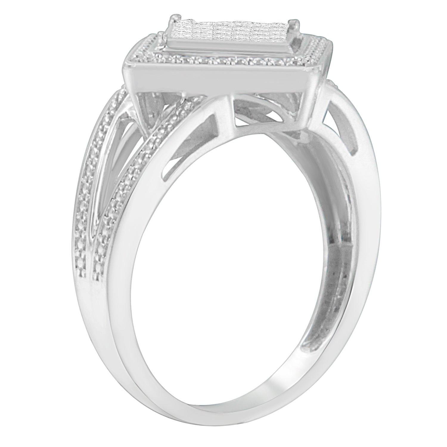 .925 Sterling Silver 1/3 Cttw Invisible Set Princess-Cut Diamond Rhombus and Beaded Halo Ring (H-I Color, SI1-SI2 Clarity) - Ring Size 7 Bids.com