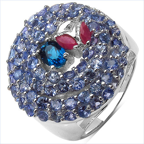 3.31 Carat Genuine London Blue Topaz , Ruby & Tanzanite .925 Sterling Silver Ring Bids.com