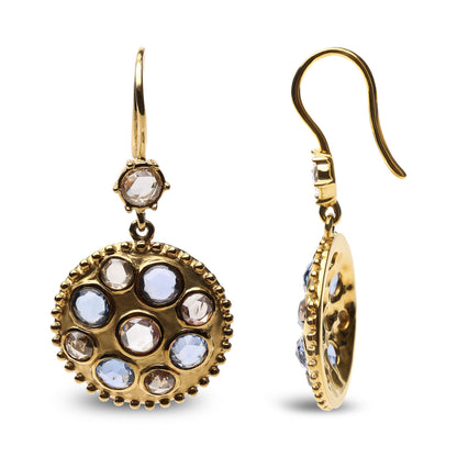 18K Yellow Gold 1 2/3 Cttw Diamond and Blue Sapphire Bezel Set Gemstone Cluster Medallion Dangle Earrings (Brown and G-H Color, SI1-SI2 Clarity) Bids.com