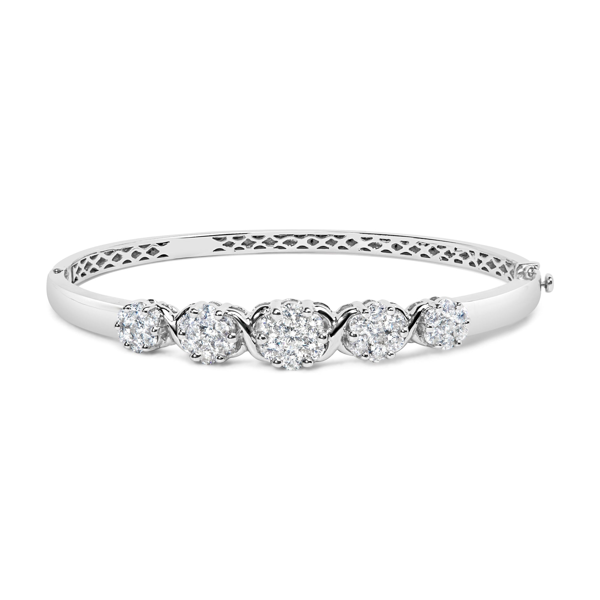 14K White Gold 2 1/2 Cttw Diamond Graduating Floral Cluster Bangle Bracelet (H-I Color, SI1-SI2 Clarity) - Fits Wrists up to 7.25" Bids.com