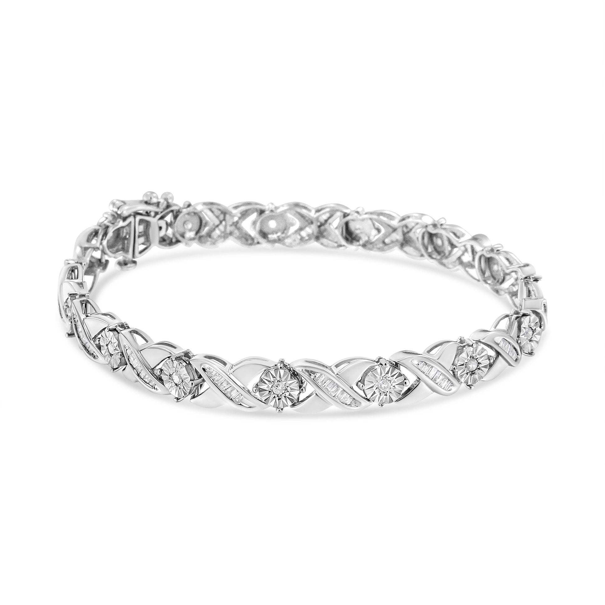 .925 Sterling Silver 1.0 Cttw Round-Brilliant and Baguette Cut Diamond Miracle-Set X-Link 7" Tennis Bracelet (I-J Color, I2-I3 Clarity) Bids.com