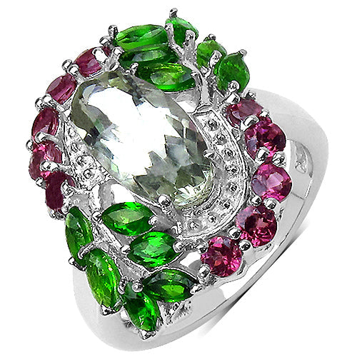 3.64 Carat Genuine Green Amethyst, Chrome Diopside and Rhodolite .925 Sterling Silver Ring Bids.com