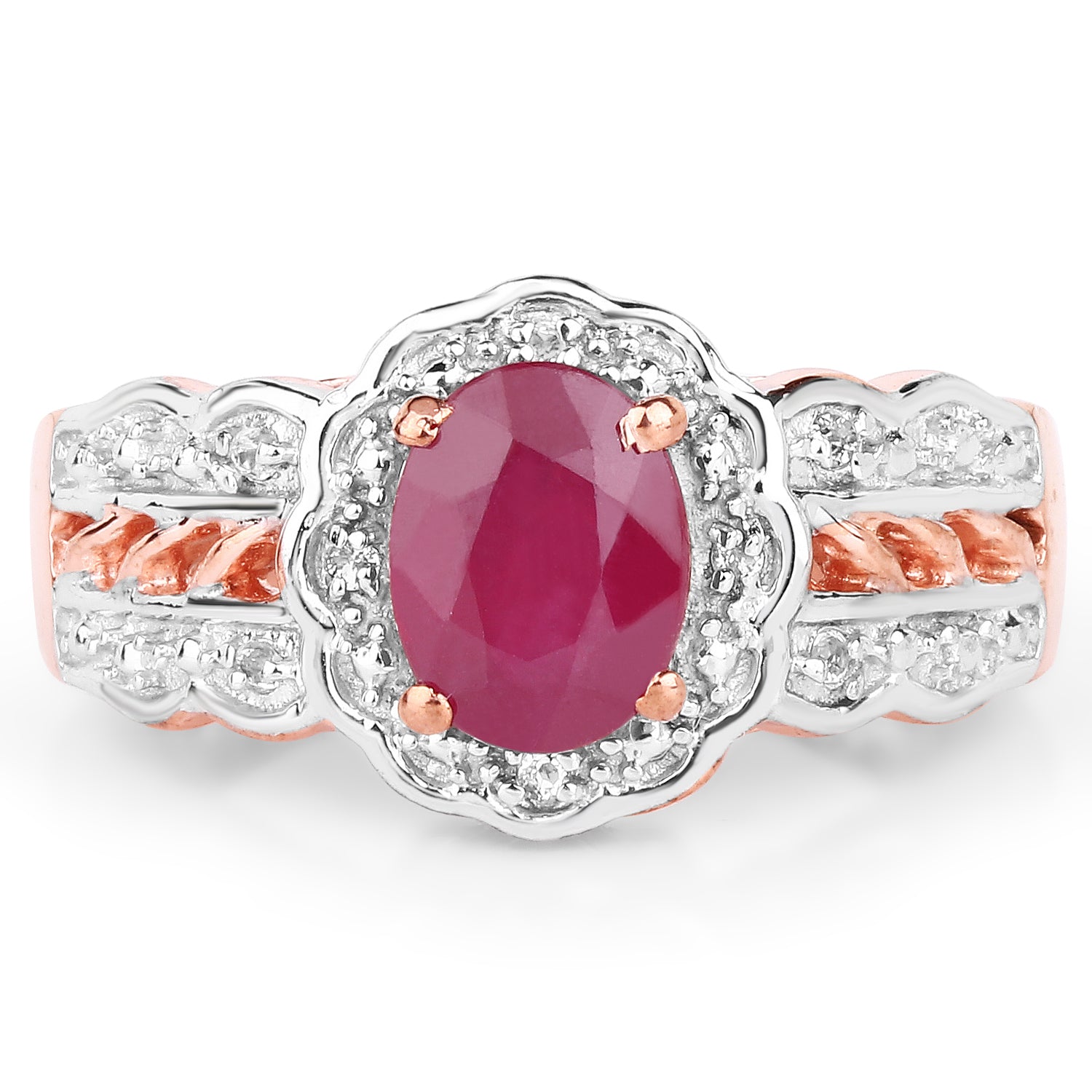 14K Rose Gold Plated 1.67 Carat Glass Filled Ruby and White Topaz .925 Sterling Silver Ring Bids.com