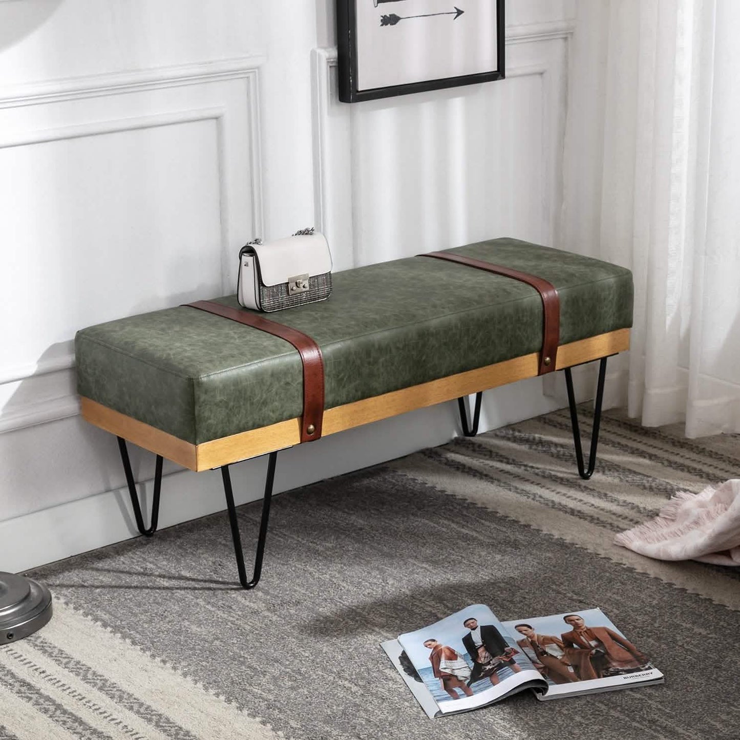Bench for Bedroom Entryway Linen Ottoman Fabric Upholstered with Soft Cushion and Solid Wood Frame DailySale