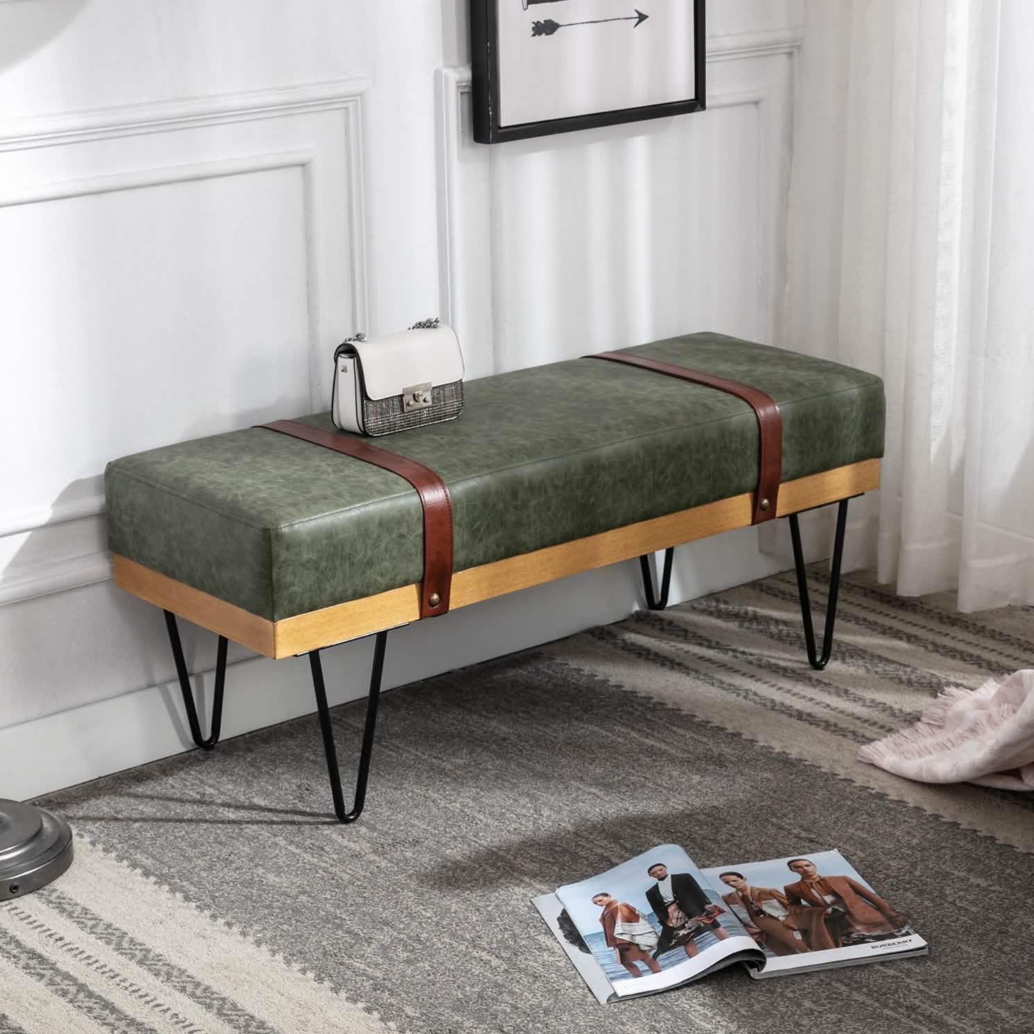 Bench for Bedroom Entryway Linen Ottoman Fabric Upholstered with Soft Cushion and Solid Wood Frame DailySale