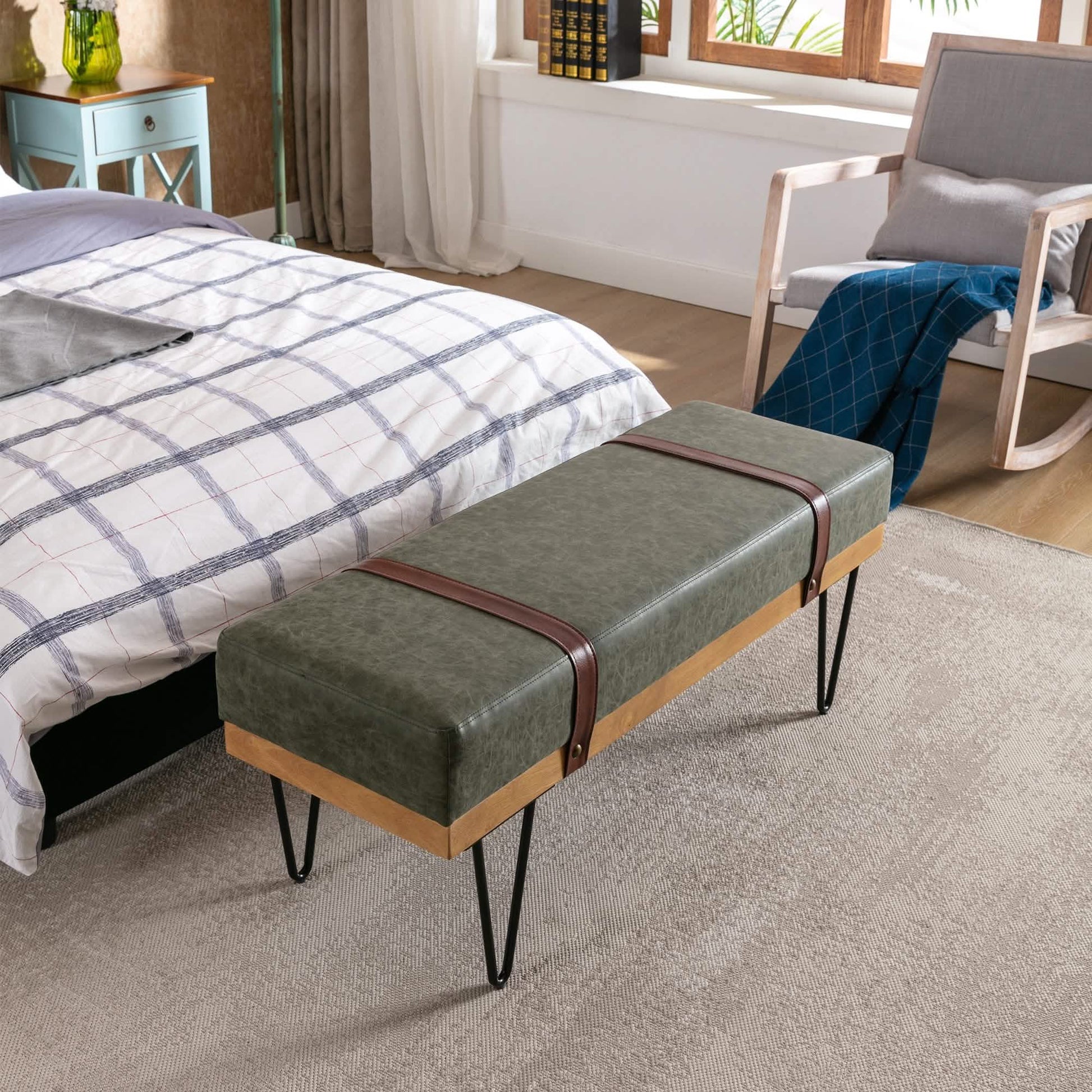 Bench for Bedroom Entryway Linen Ottoman Fabric Upholstered with Soft Cushion and Solid Wood Frame DailySale