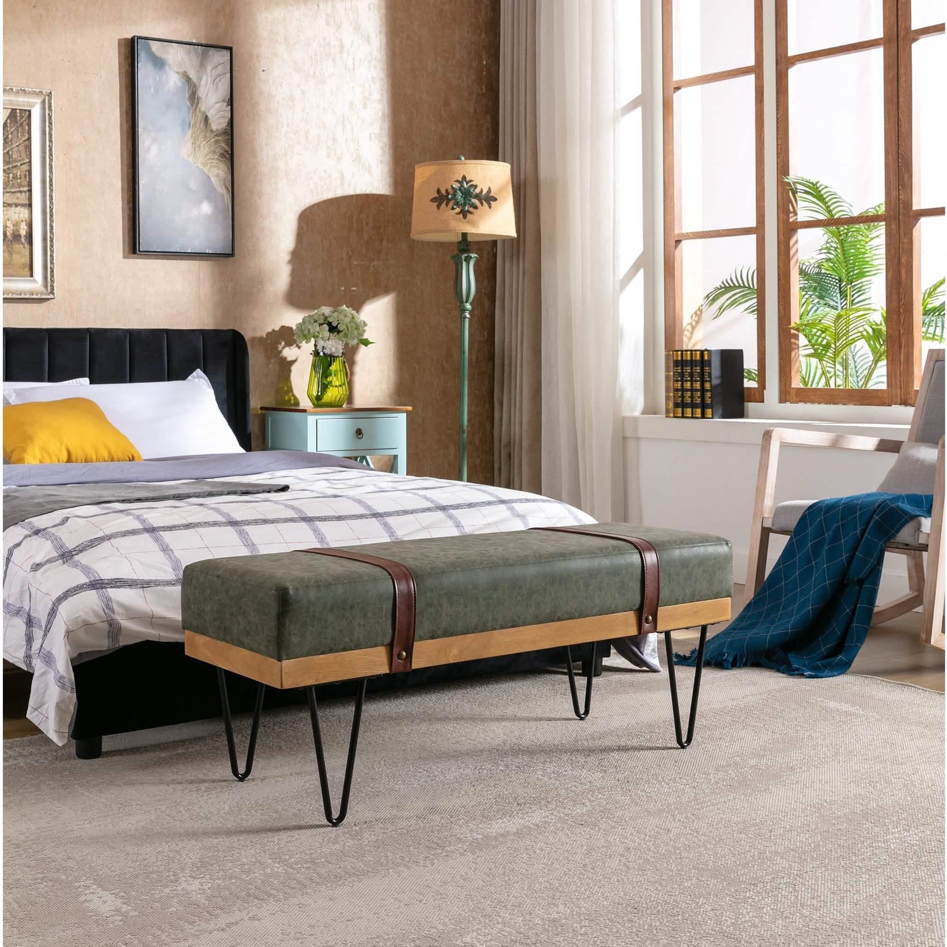 Bench for Bedroom Entryway Linen Ottoman Fabric Upholstered with Soft Cushion and Solid Wood Frame DailySale