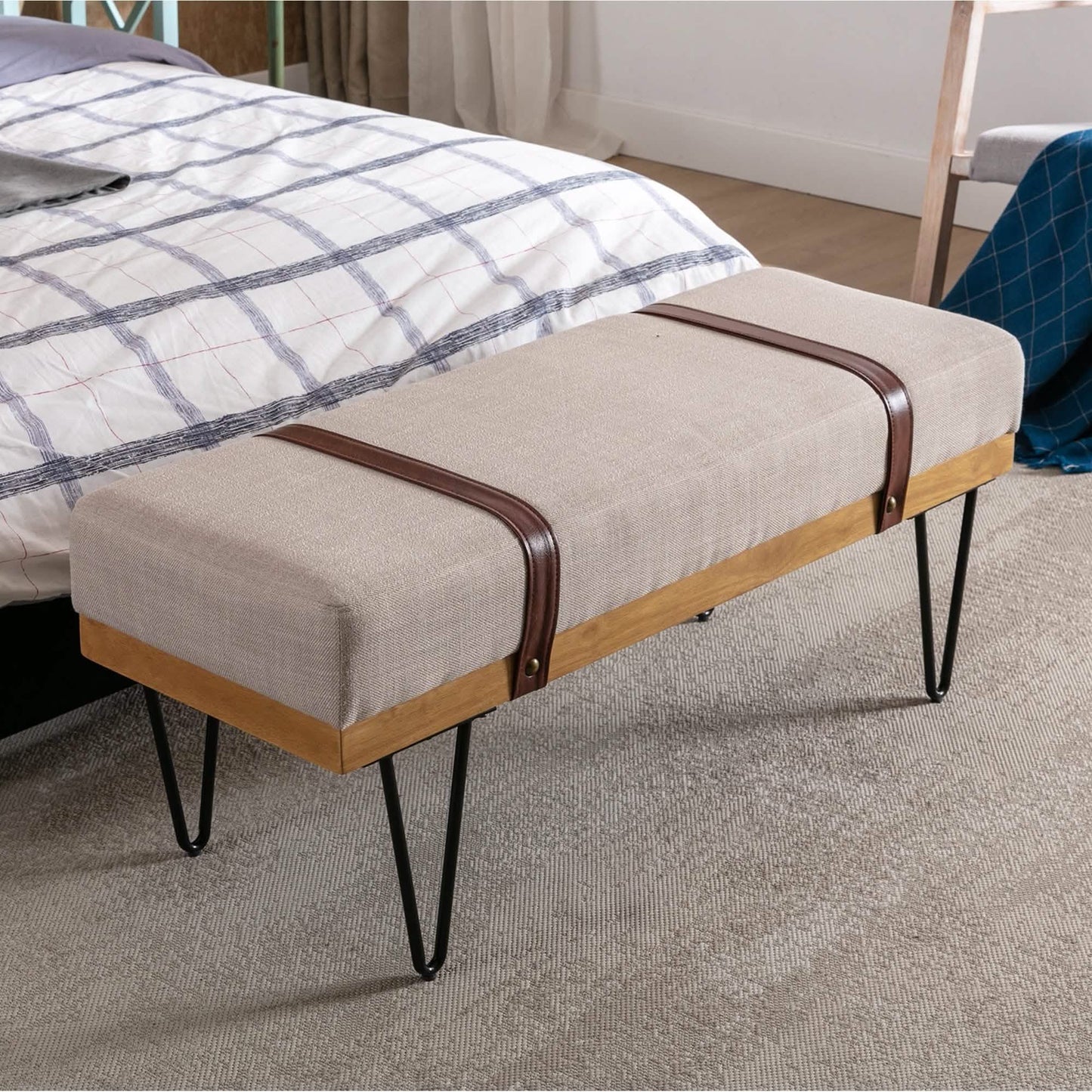 Bench for Bedroom Entryway Linen Ottoman Fabric Upholstered with Soft Cushion and Solid Wood Frame DailySale