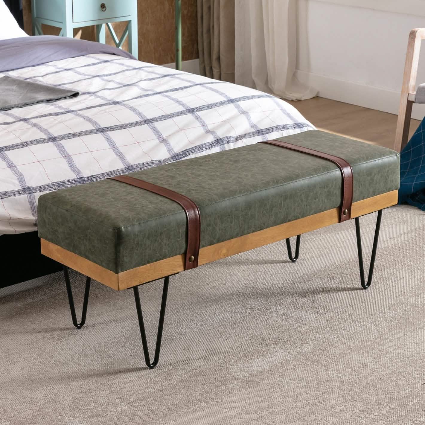 Bench for Bedroom Entryway Linen Ottoman Fabric Upholstered with Soft Cushion and Solid Wood Frame DailySale