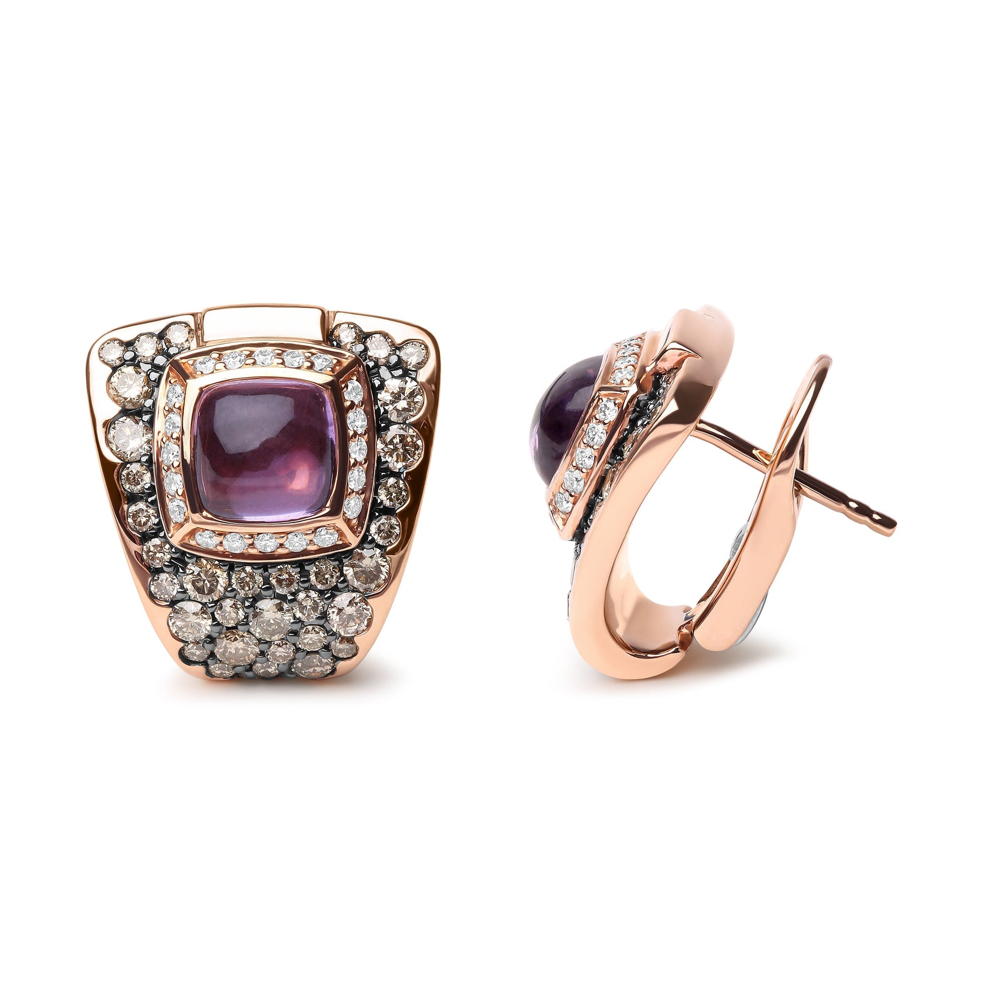 18K Rose Gold 1 1/2 Cttw Round Diamond and 7mm Cushion Cut Purple Amethyst Gemstone Geometrical Statement Stud Earrings (Brown and G-H Color, SI1-SI2 Clarity) Bids.com