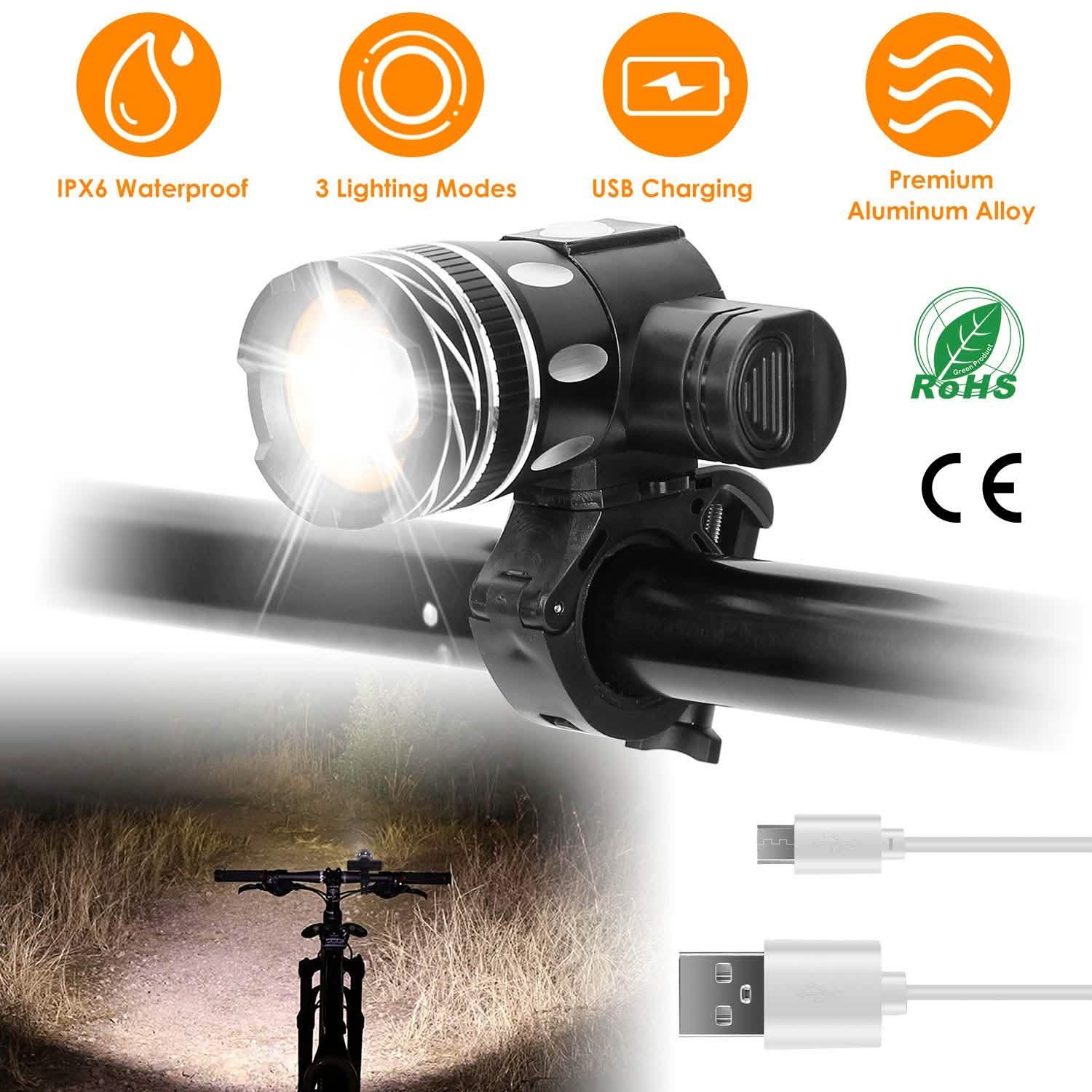 Bike Headlight USB Rechargeable with Bracket DailySale
