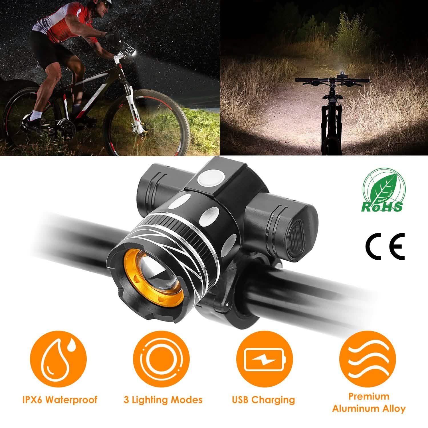 Bike Headlight USB Rechargeable with Bracket DailySale
