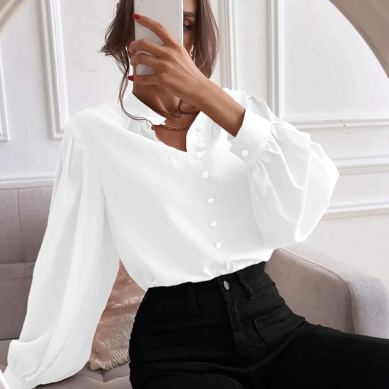 Bishop Sleeve Button Up Blouse DailySale