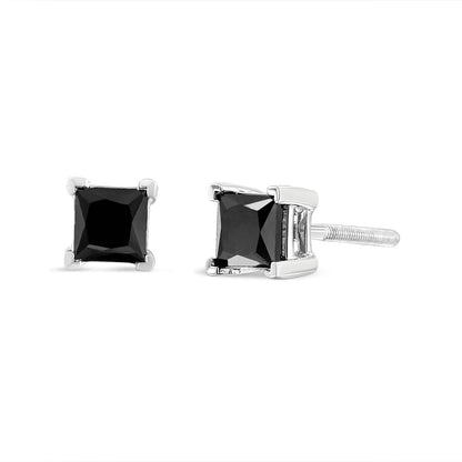 .925 Sterling Silver 4.00 Cttw Princess-Cut Square Black Diamond Classic 4-Prong Stud Earrings with Screw Backs Bids.com