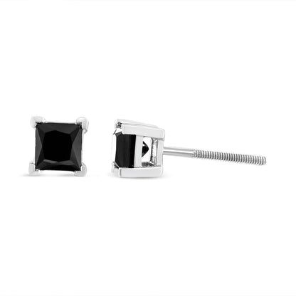 .925 Sterling Silver 4.00 Cttw Princess-Cut Square Black Diamond Classic 4-Prong Stud Earrings with Screw Backs Bids.com