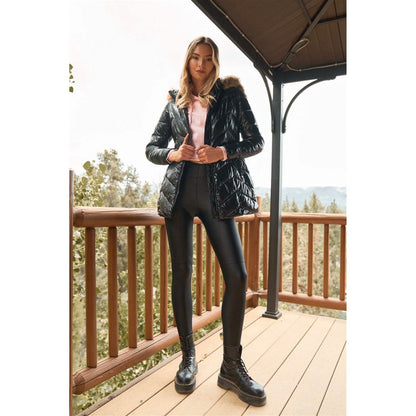 Black Vinyl Glossy Finish Fitted Faux Fur Hood Chevron Padded Puffer Jacket DailySale