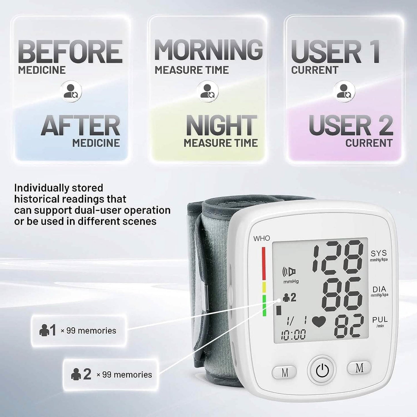 Blood Pressure Monitor Digital Wrist BP Machine Automatic BP Cuff with 2 Users 180 Memory Voice Large LCD Display DailySale