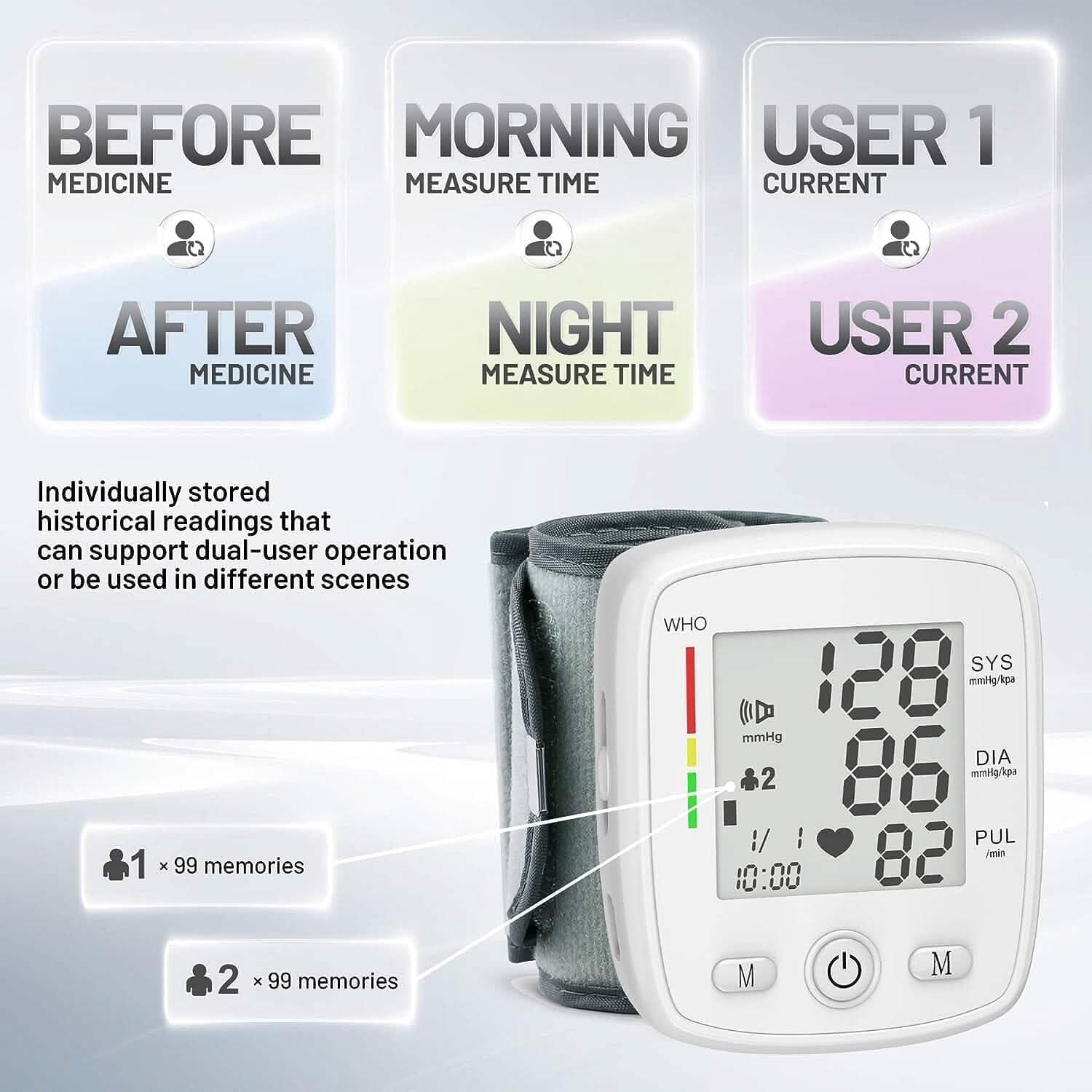 Blood Pressure Monitor Digital Wrist BP Machine Automatic BP Cuff with 2 Users 180 Memory Voice Large LCD Display DailySale