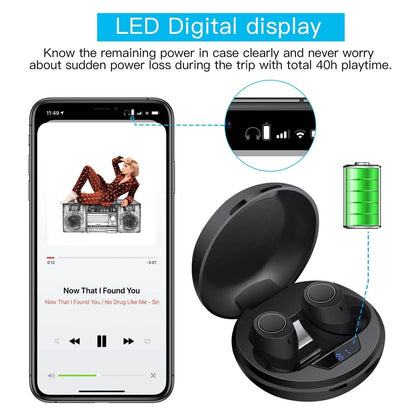 Bluetooth 5.0 Wireless Headset Deep Bass Stereo Earbuds LCD Power Display DailySale