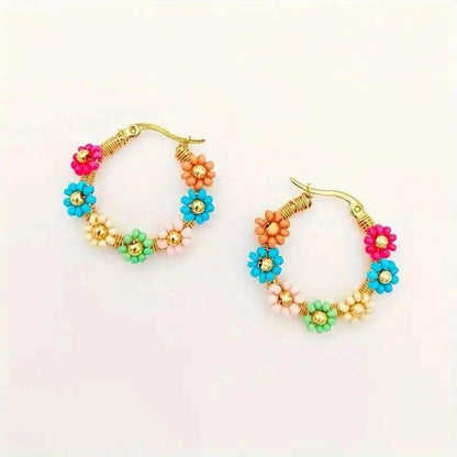 Bohemian Style Stainless Steel Beaded Flower Decor Hoop Earrings DailySale