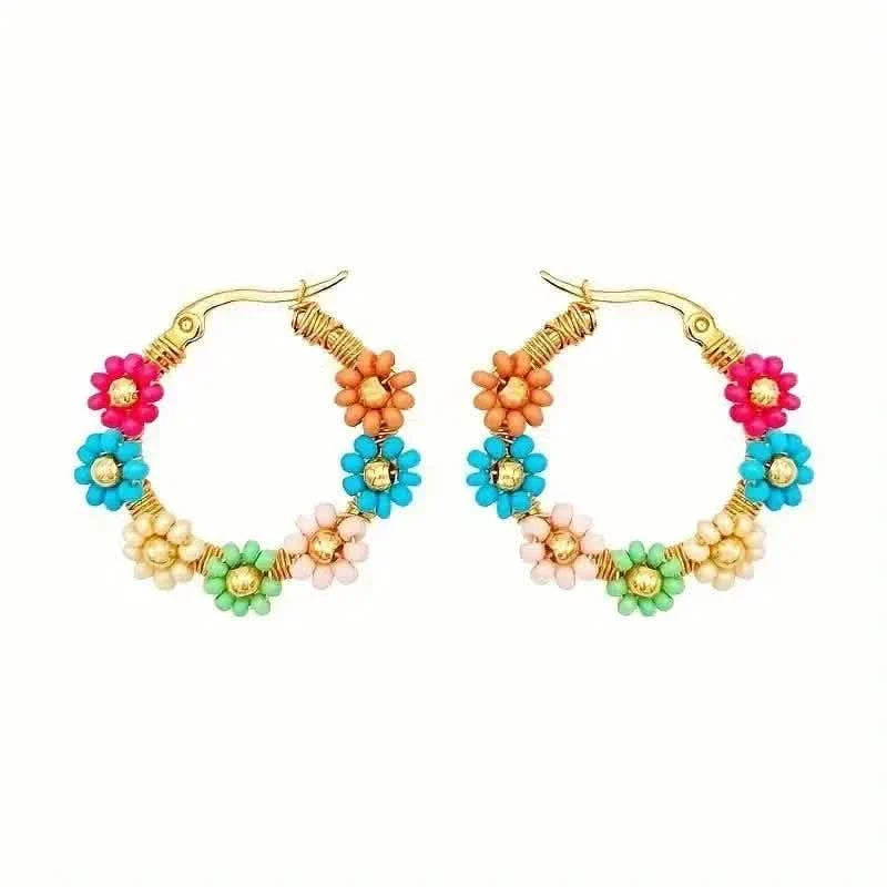 Bohemian Style Stainless Steel Beaded Flower Decor Hoop Earrings DailySale