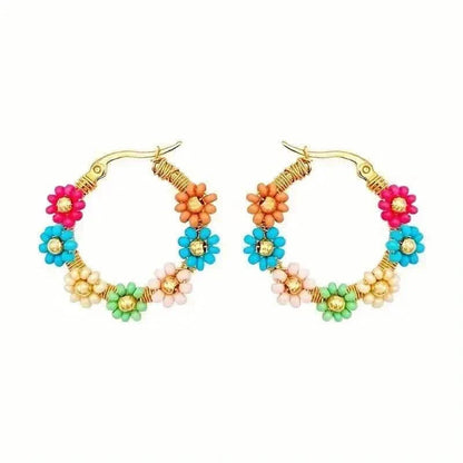 Bohemian Style Stainless Steel Beaded Flower Decor Hoop Earrings DailySale