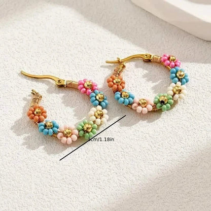 Bohemian Style Stainless Steel Beaded Flower Decor Hoop Earrings DailySale