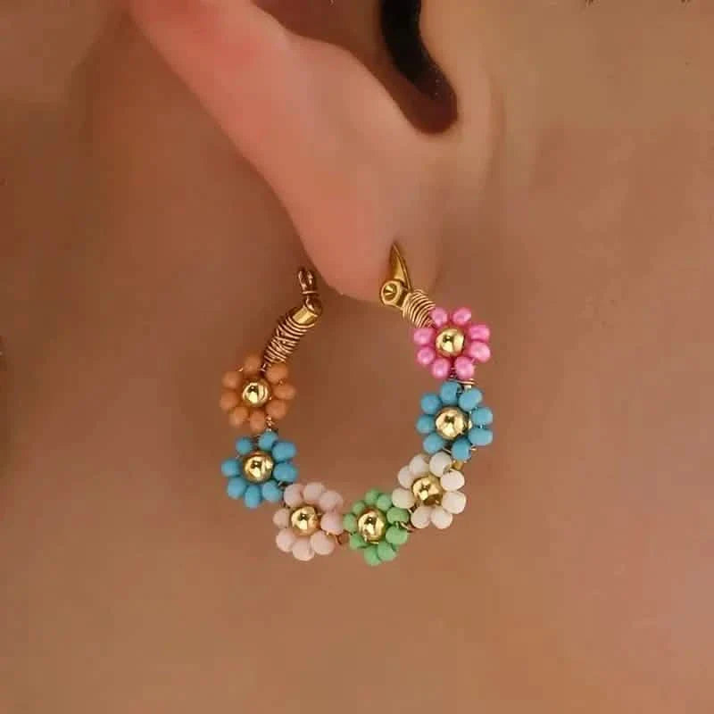 Bohemian Style Stainless Steel Beaded Flower Decor Hoop Earrings DailySale