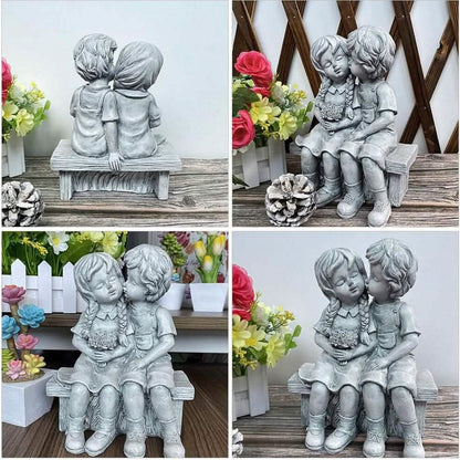 Boy Kissing Girl Statue Sitting on Bench Figurine DailySale