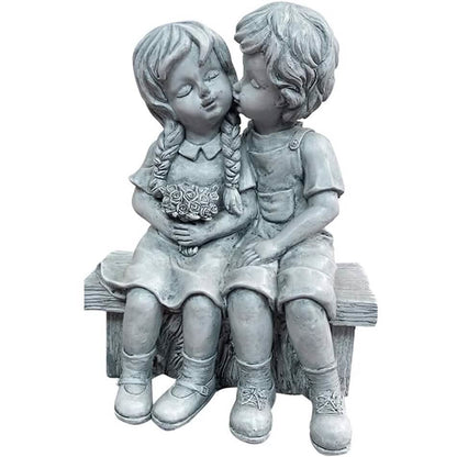 Boy Kissing Girl Statue Sitting on Bench Figurine DailySale